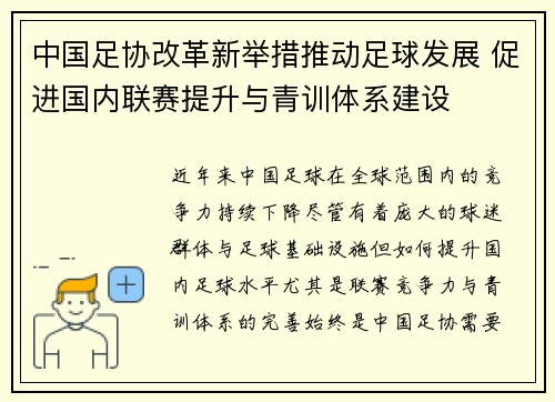 中国足协改革新举措推动足球发展 促进国内联赛提升与青训体系建设