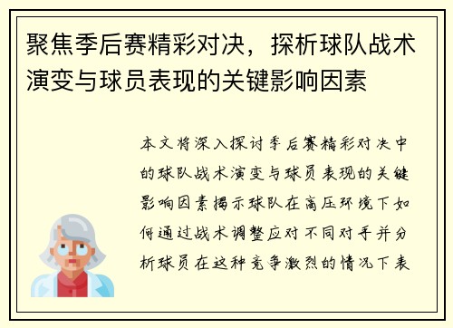 聚焦季后赛精彩对决，探析球队战术演变与球员表现的关键影响因素